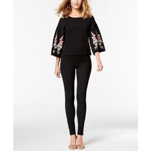 INC Black Top with Wide Embroidered Floral Sleeves